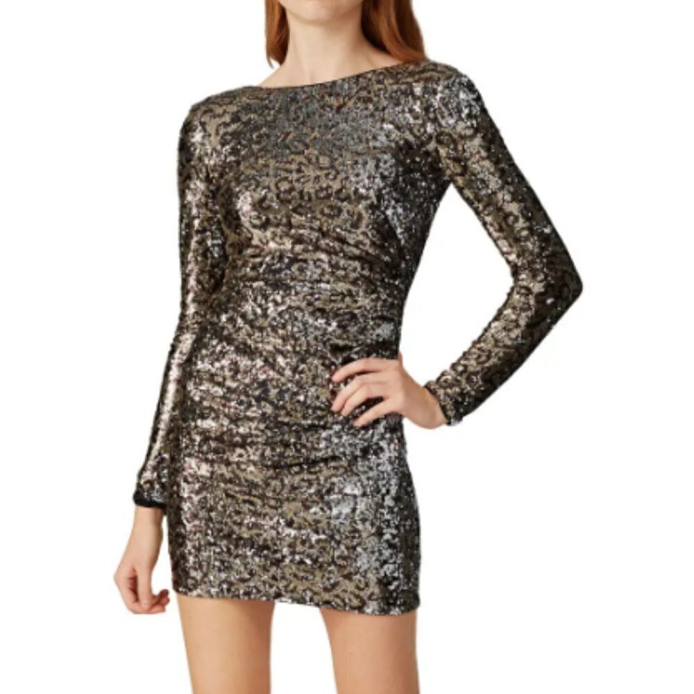 Dress the Population Lolita Leopard Sequin Sheath Dress in Gold & Black‎ sz S